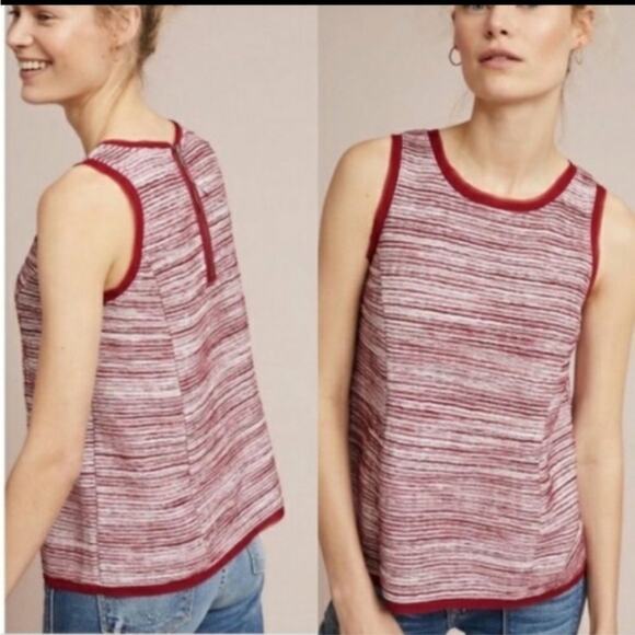 Anthropologie Vanessa Virginia Indira Red White Stripe Fringe Shell Top Small - Picture 1 of 13